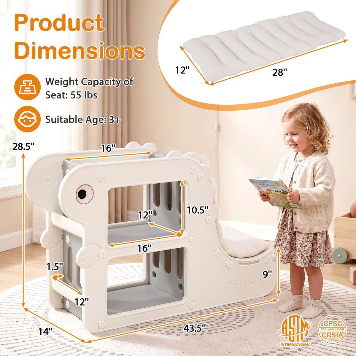 White dinosaur-shaped bookshelf with padded cushion shown beside a child, with a separate cushion inset.