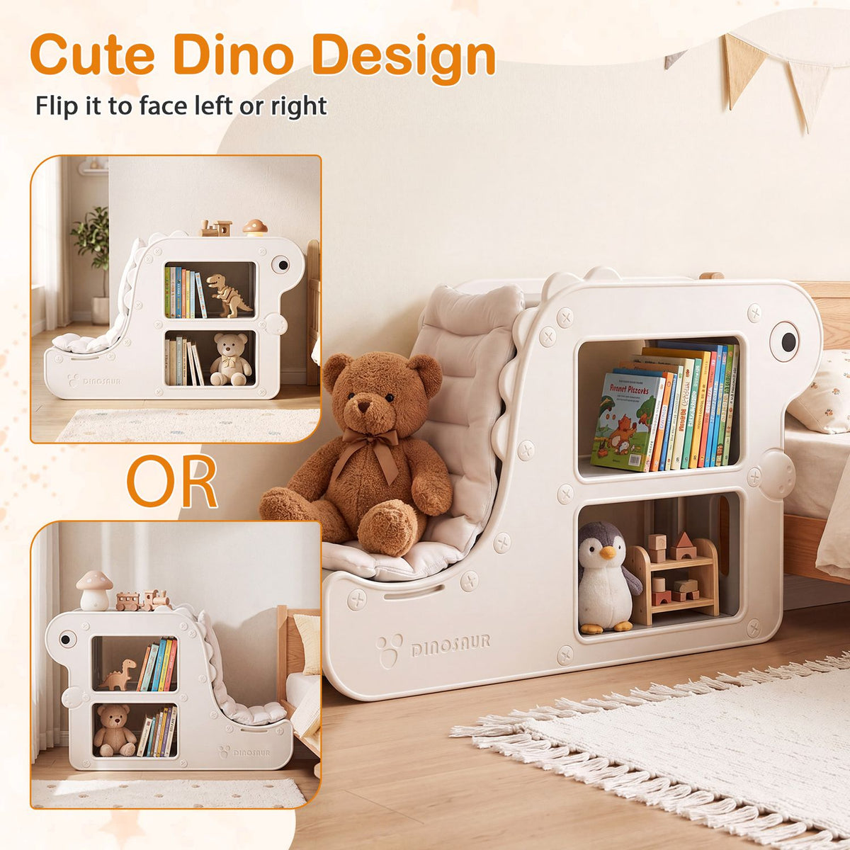 White dinosaur bookshelf with cushion displayed in two orientations, with books and toys in its cubbies.