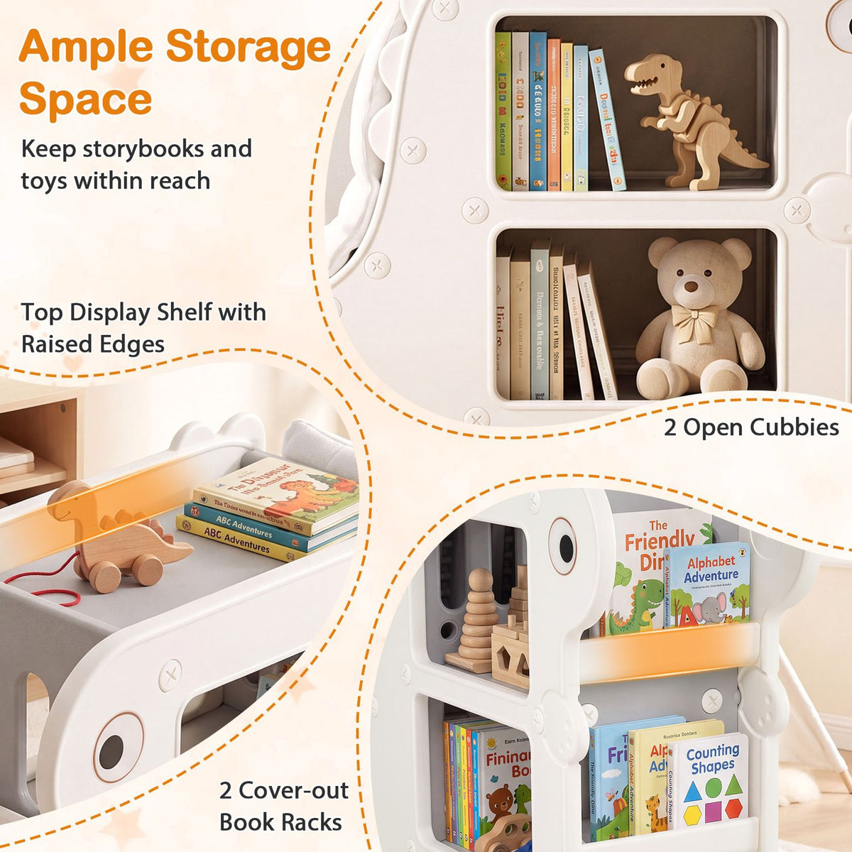 Close-up views show open cubbies, raised-edge top shelf, and book racks holding books and toys.