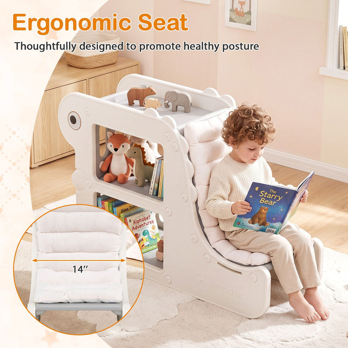 Child reads while seated on the cushioned side of a white dinosaur bookshelf; a cushion inset shows its shape.