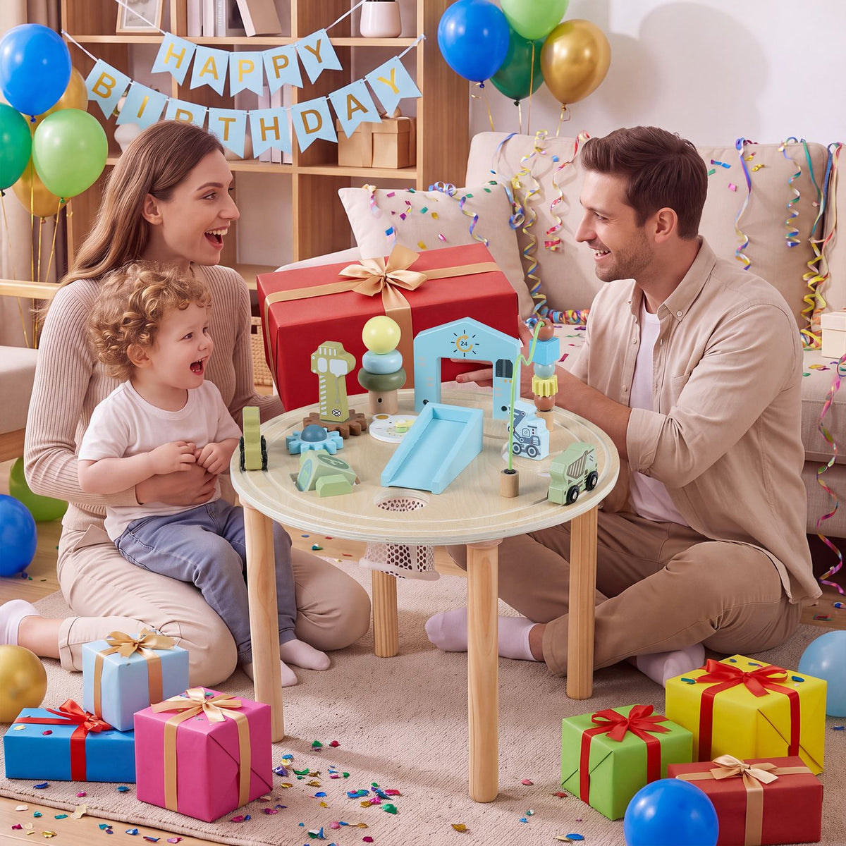 A family gathers around a natural wood activity table with colorful play pieces amid birthday decorations.