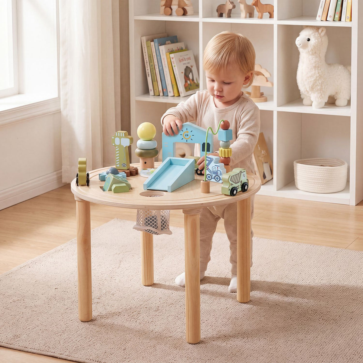 A toddler plays with the tabletop toys at a wooden activity table in a bright playroom.