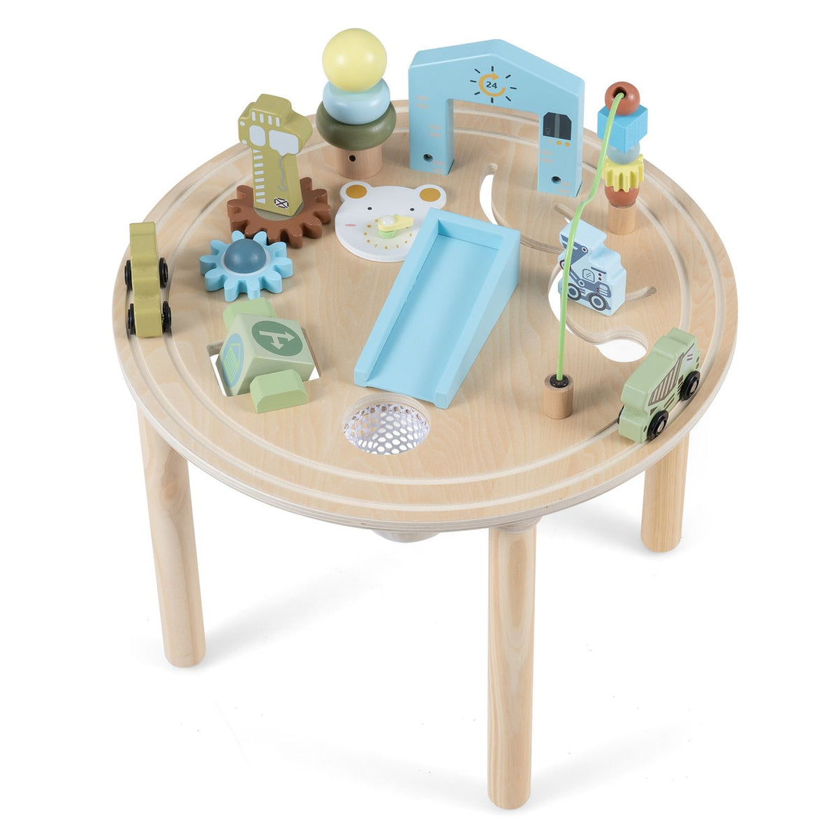 A round wooden activity table topped with colorful toys, a bead maze, and a blue slide.