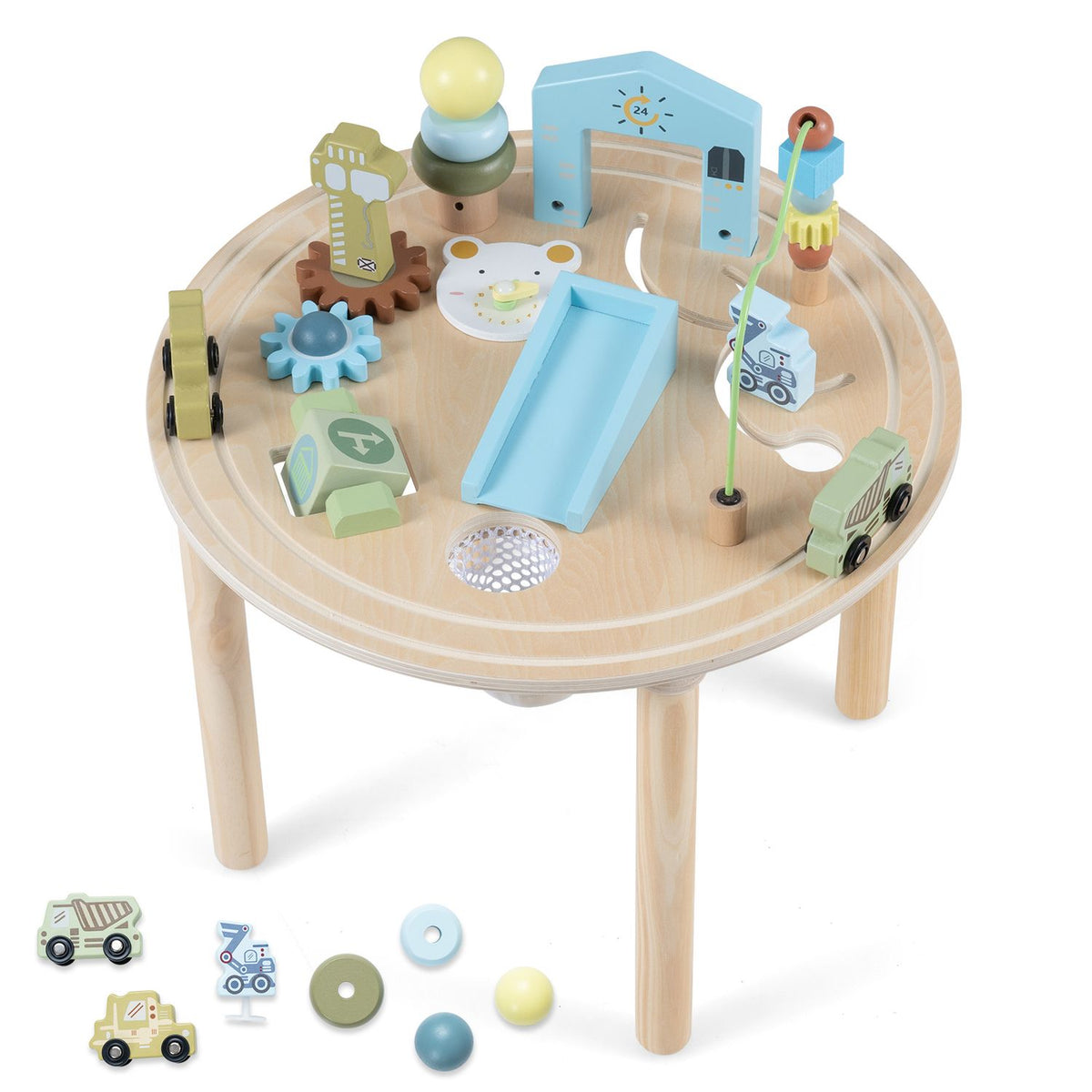 A wooden activity table with colorful play pieces arranged on top and several small pieces displayed below.