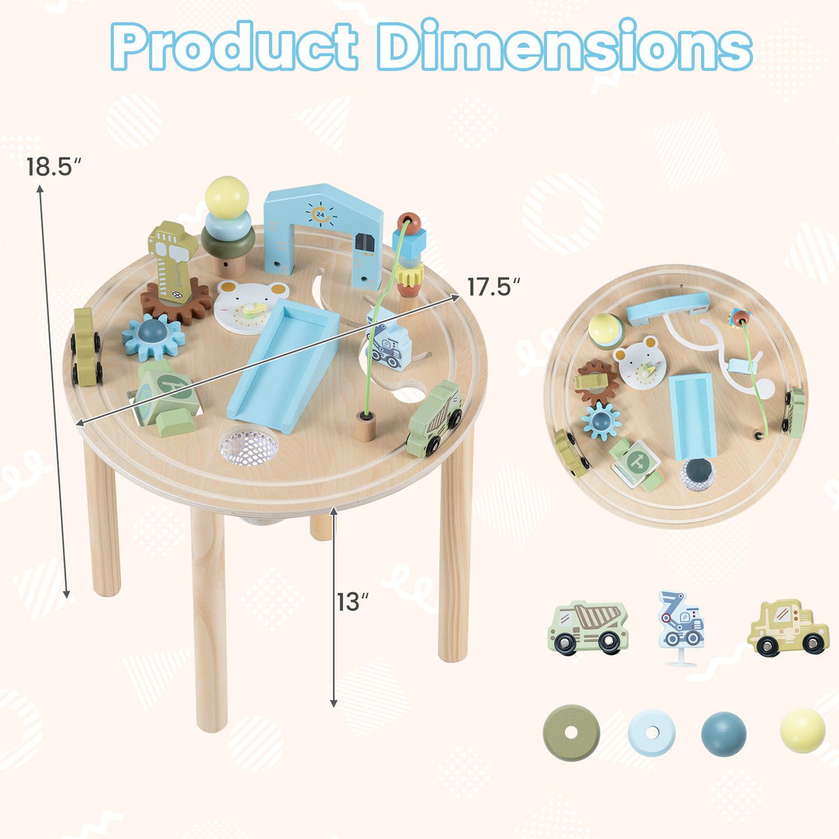 Round wooden activity table with colorful play pieces, shown from above and at an angle with measurement arrows.