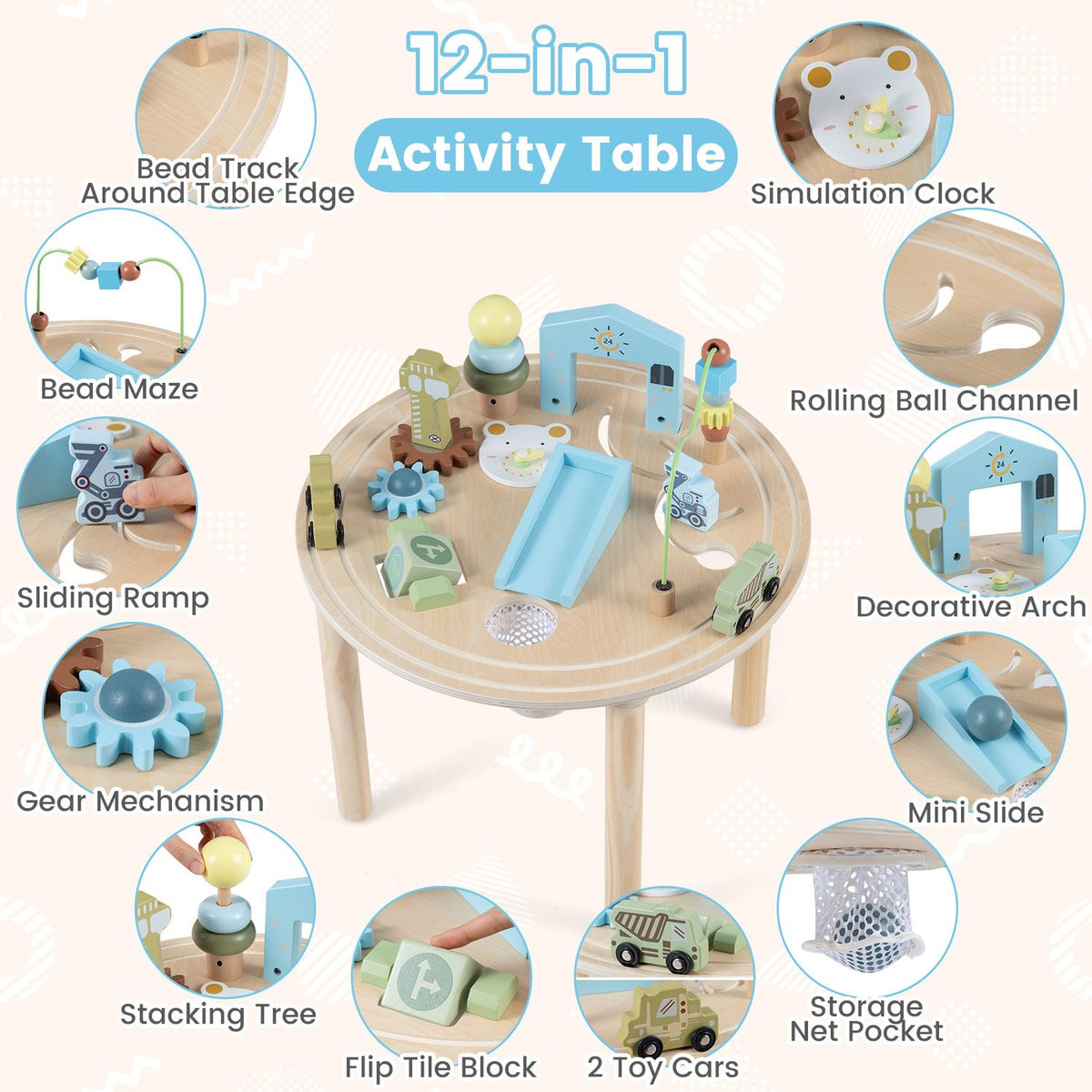 Round wooden activity table surrounded by circular close-ups of its bead maze, ramp, gears, blocks, and other play features.