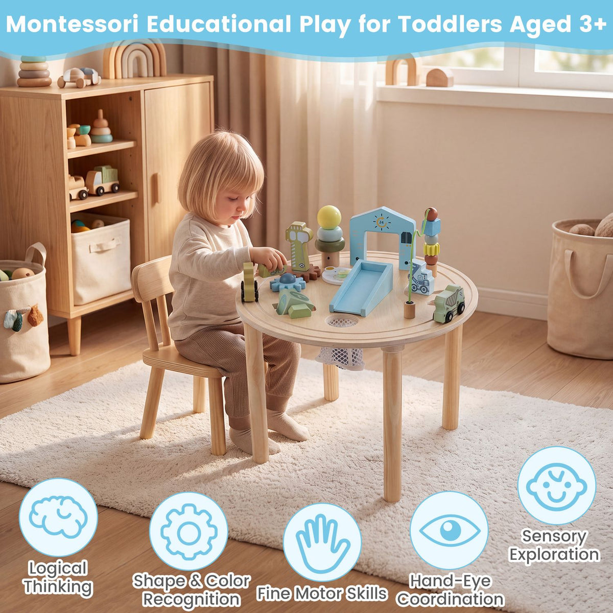 A toddler sits at a wooden activity table in a bright playroom, exploring its colorful built-in toys.