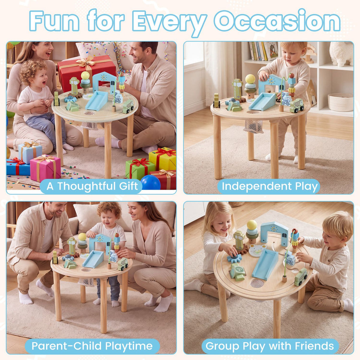Four scenes show children playing with the wooden activity table alone, with family, and with friends.