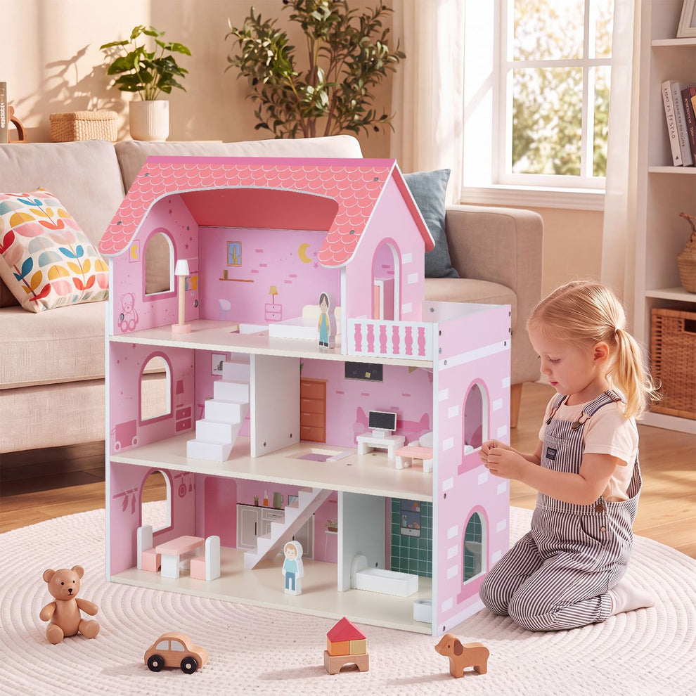 Pink open-front dollhouse beside a child playing on a rug in a bright living room.