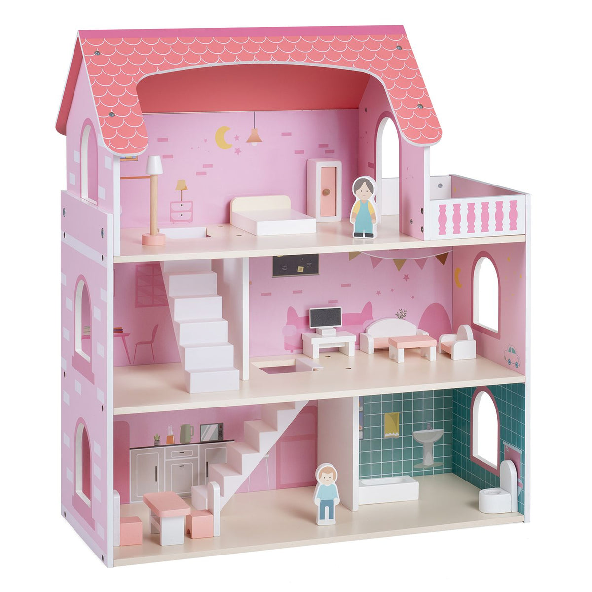 Pink open-front dollhouse with miniature furniture and dolls against a white background.