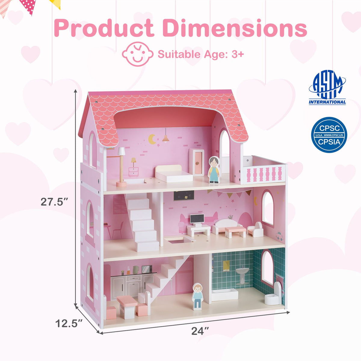 Open pink dollhouse shown with its rooms, dolls and furniture, alongside measurement arrows.