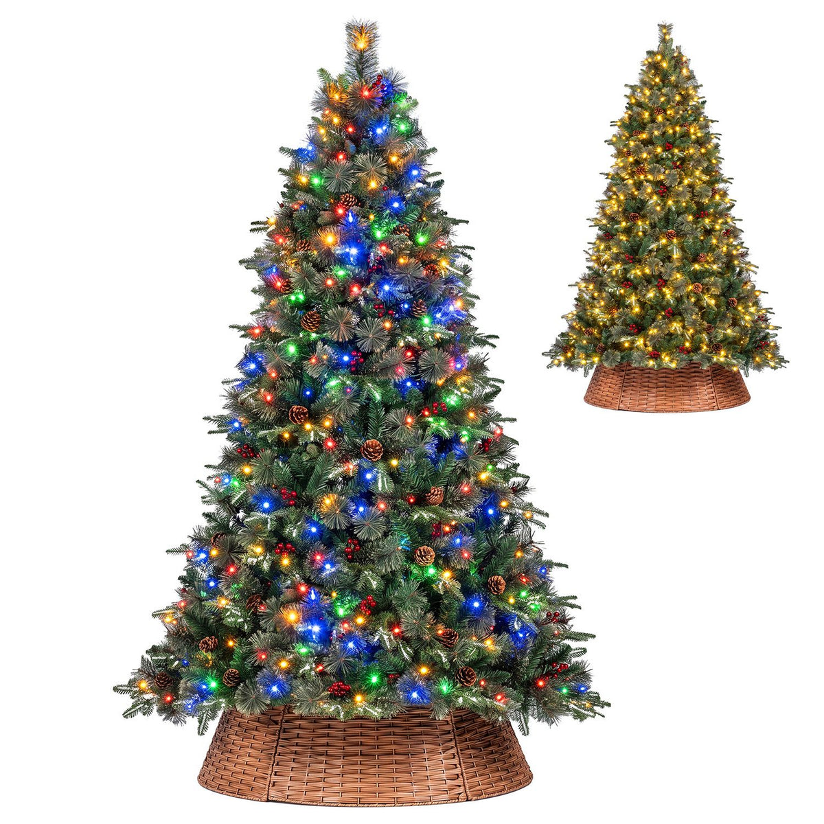 Two lit Christmas trees in woven collars are shown against a white background, one with multicolored lights.