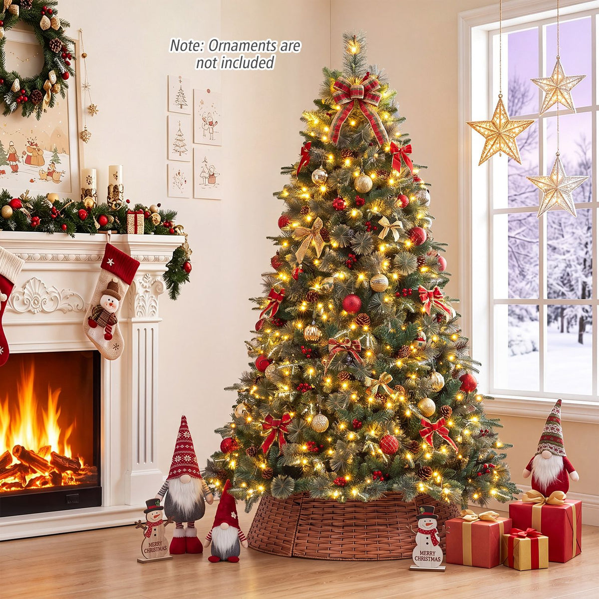 A warmly lit, ornamented Christmas tree in a woven collar stands beside a decorated fireplace.
