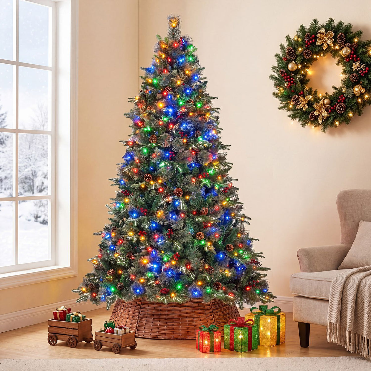 A multicolored lit Christmas tree stands in a woven collar beside a window and wrapped gifts.