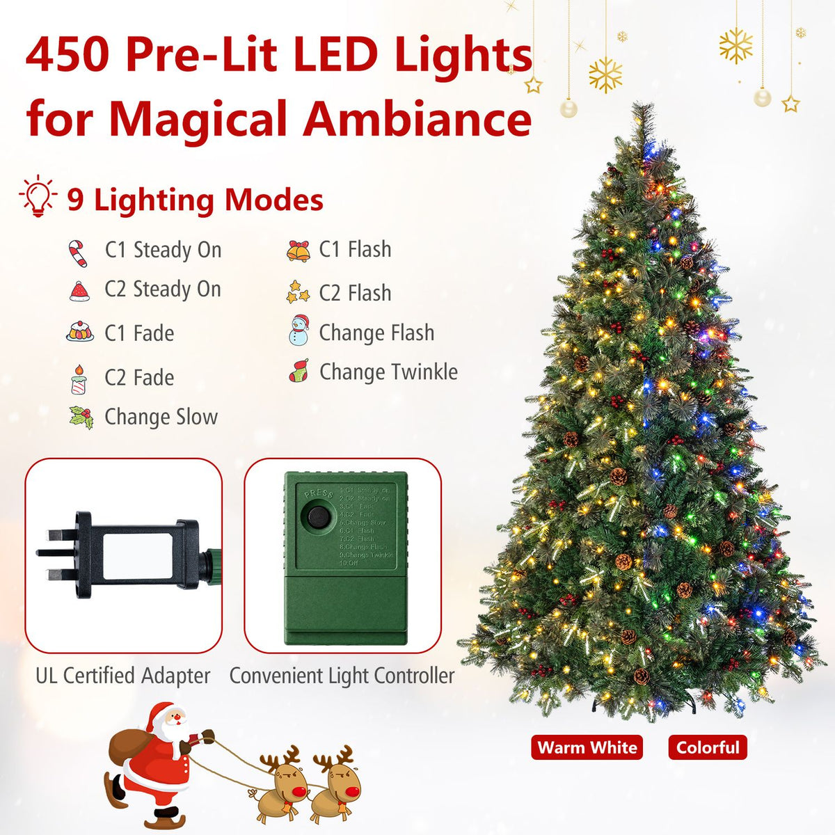 A colorful illuminated tree is shown with close-ups of its power adapter and light controller.
