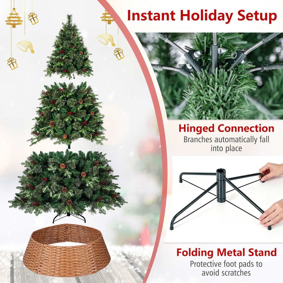 An assembled tree and woven collar appear beside close-ups of a branch connection and folding metal stand.