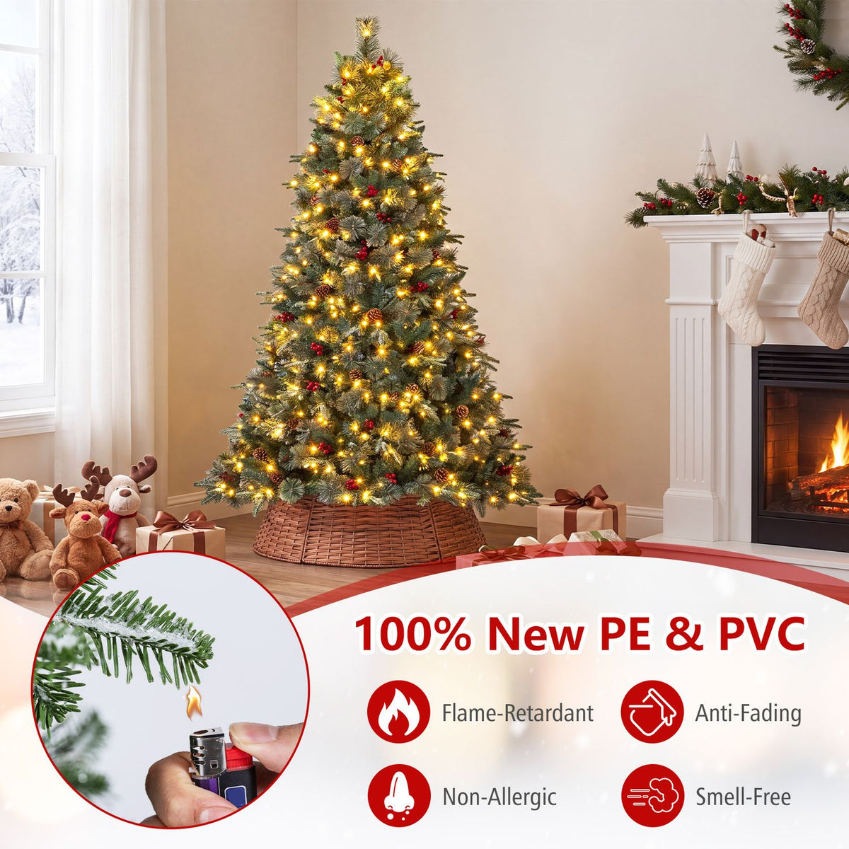 A glowing tree with a woven collar stands beside a fireplace, with a circular close-up of a branch being lit.