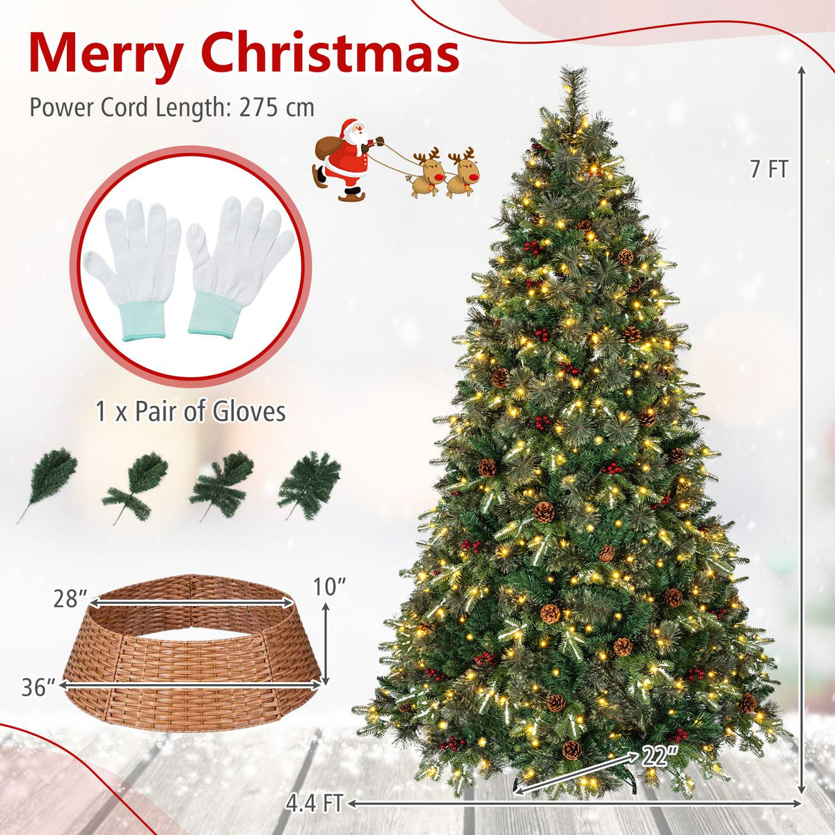 A lit Christmas tree and woven collar are shown with gloves, branch pieces, and measurement arrows.