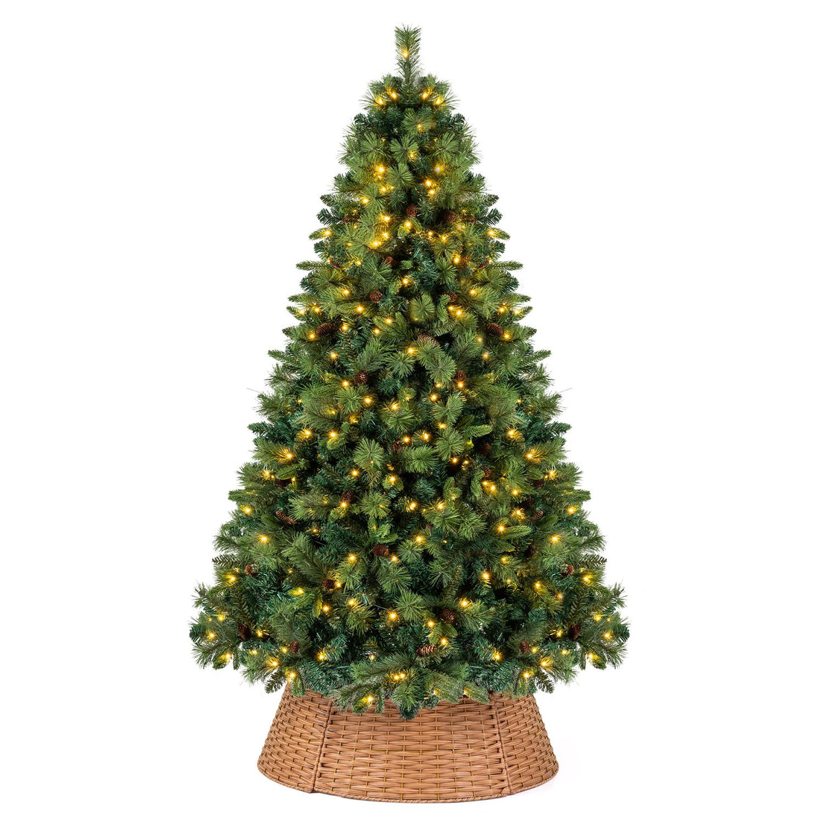 Unadorned green Christmas tree with warm lights and a woven collar on a white background.