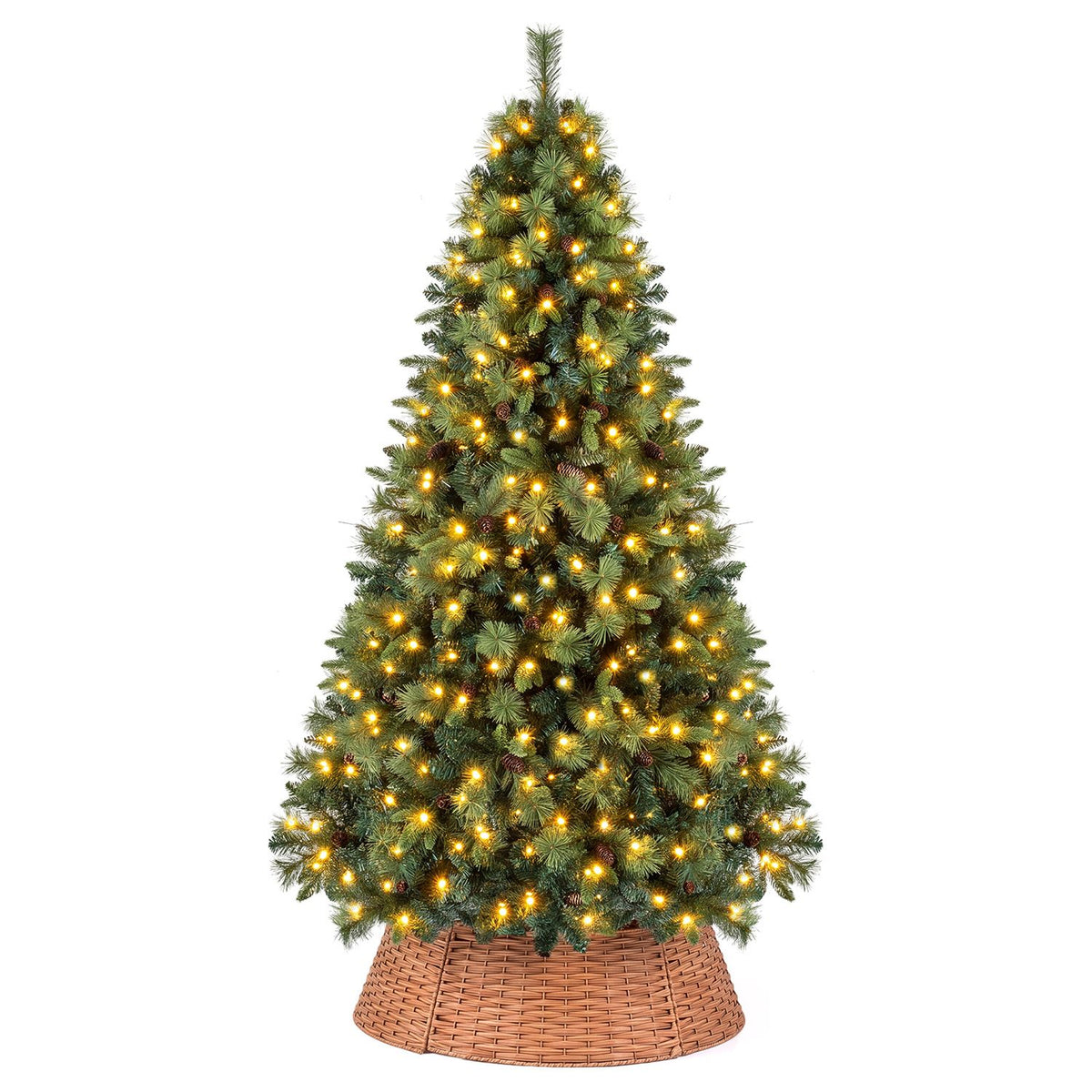 Front view of a lit green tree with a tapered woven collar against white.