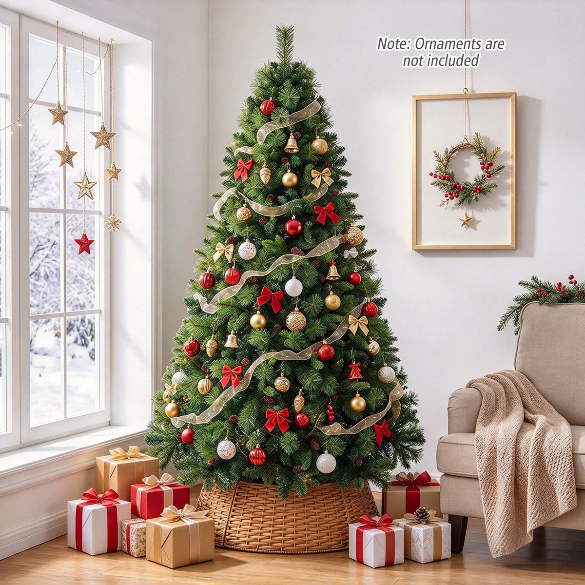 Decorated Christmas tree in a woven collar beside a snowy window and wrapped gifts.