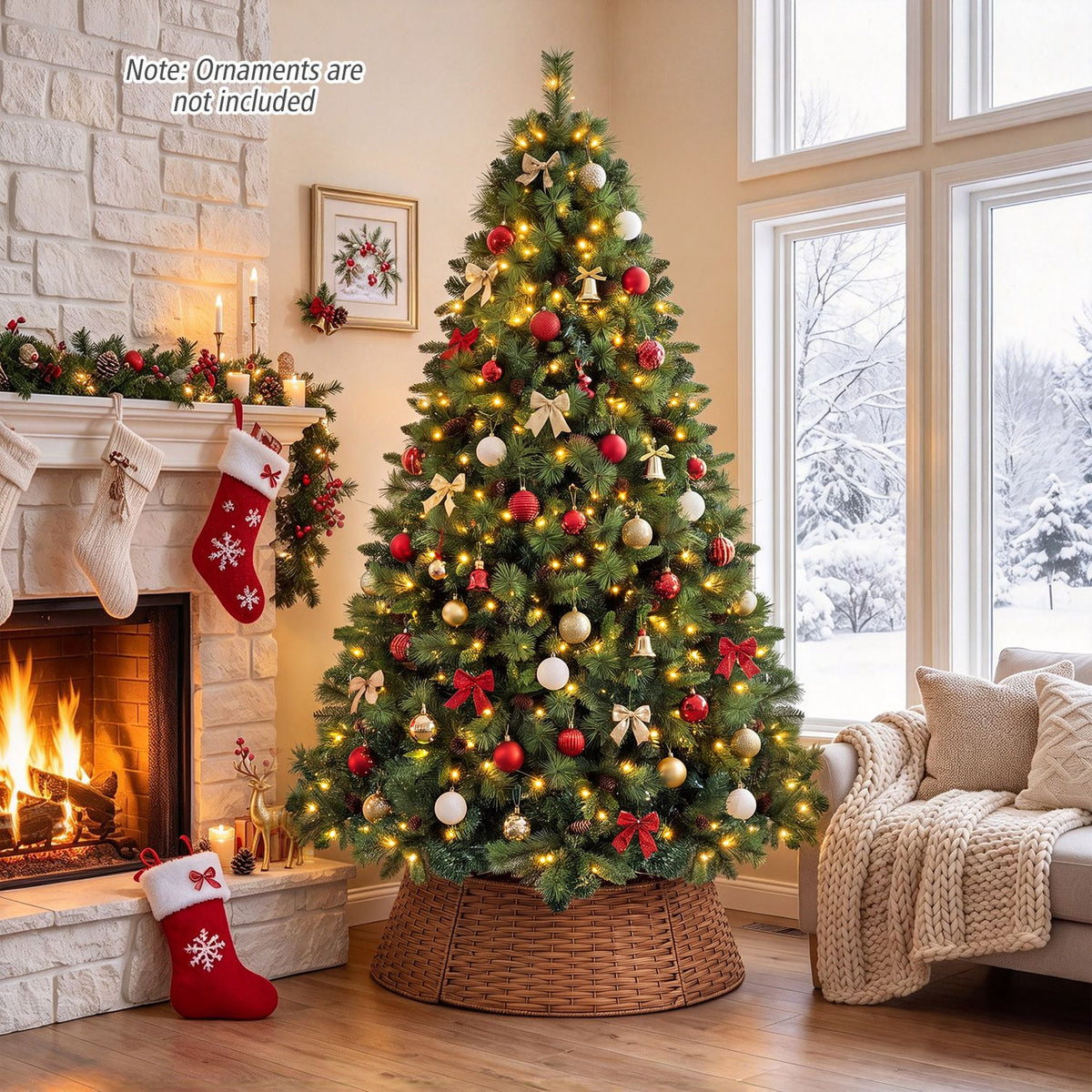 Glowing ornamented tree in a rattan-style collar beside a fireplace and a cozy chair.