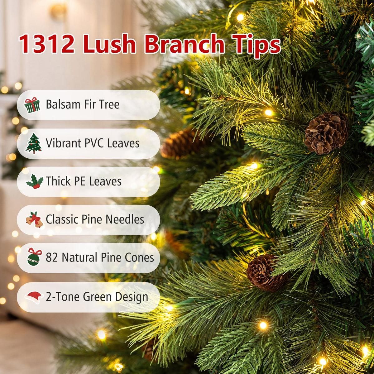 Close-up of layered green tree branches, pinecones, and glowing warm lights.