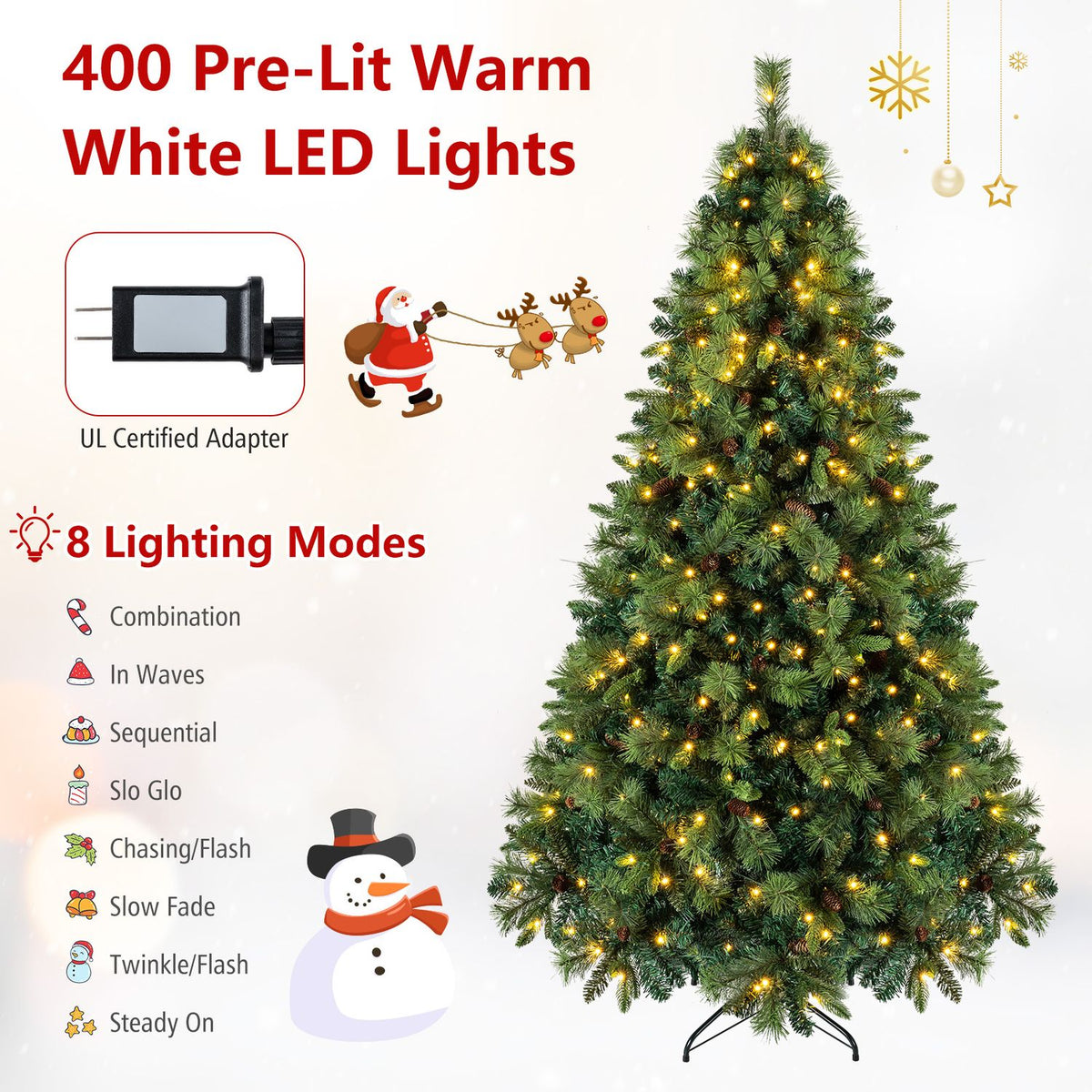 A glowing Christmas tree is shown with a plug-in adapter and lighting-mode illustrations.