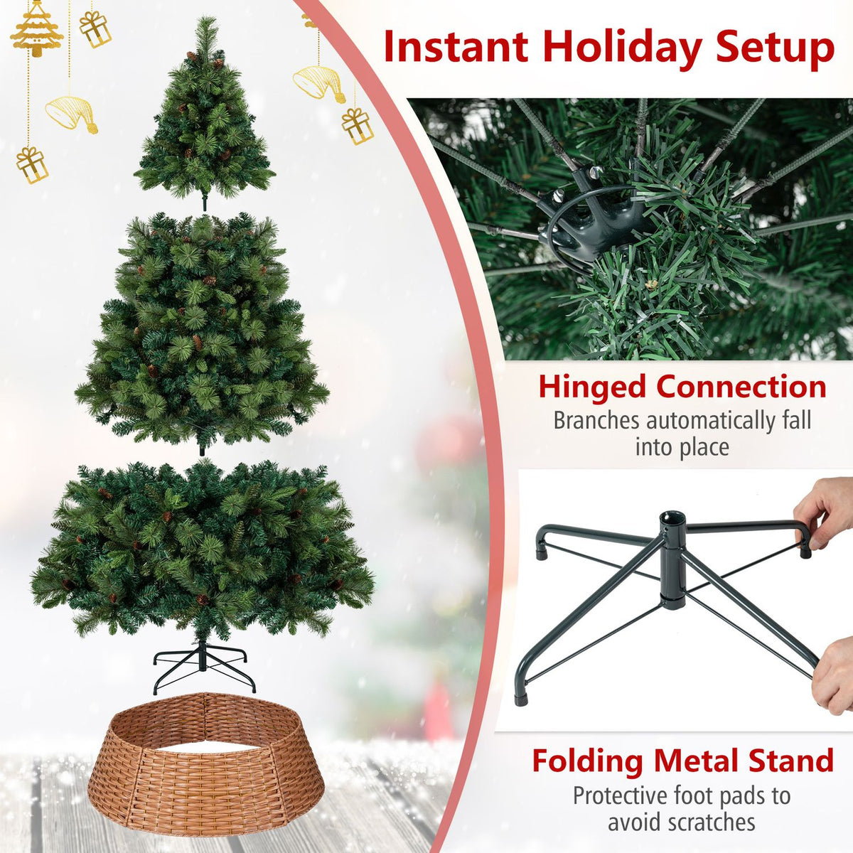 The tree is shown in sections beside close-ups of its hinged branches, folding stand, and rattan collar.