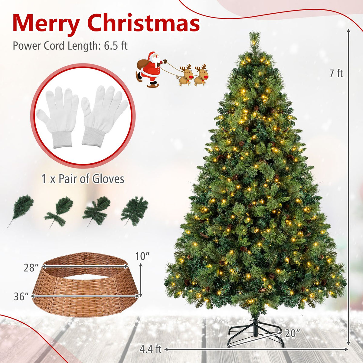 A lit Christmas tree stands beside a rattan collar, gloves, and measurement arrows.