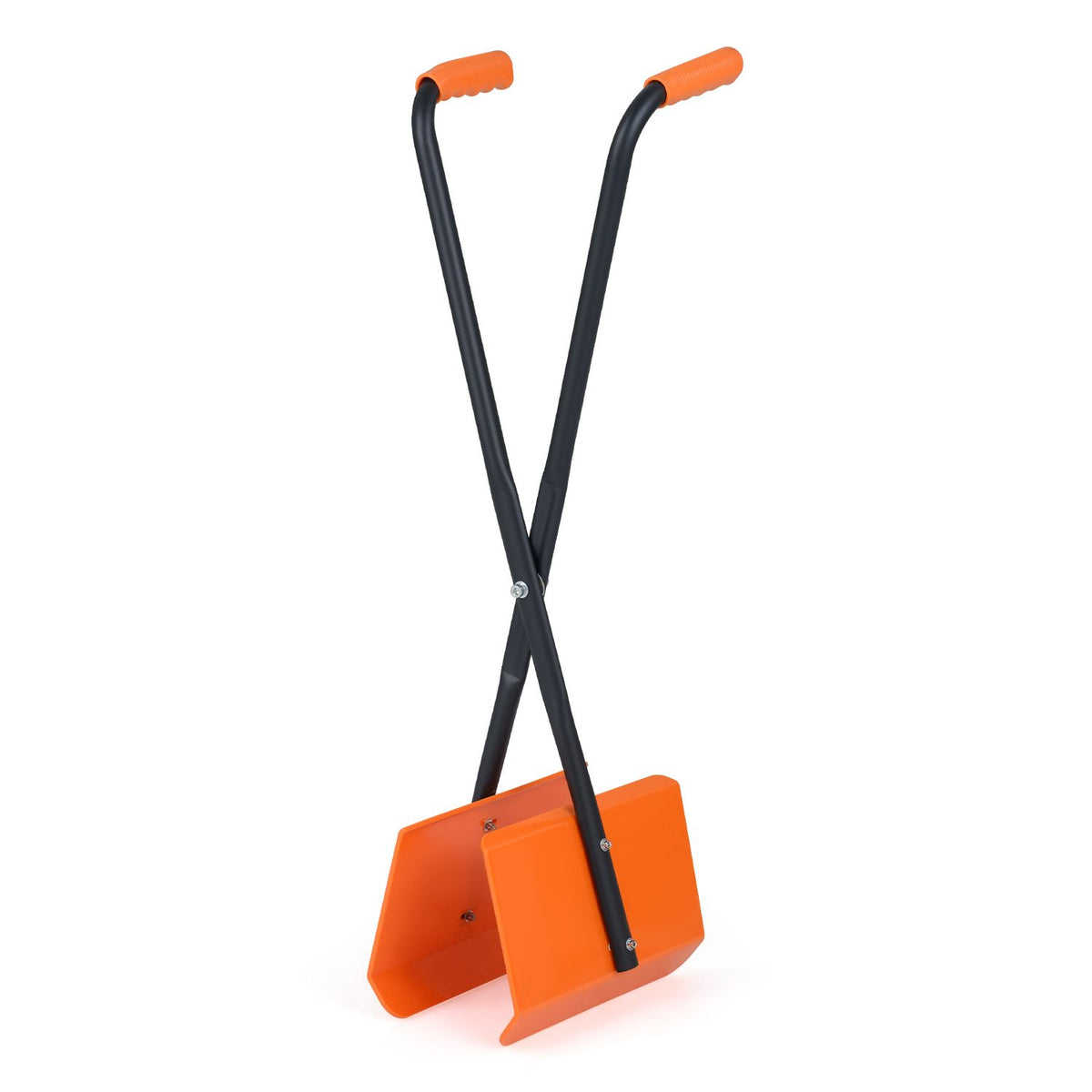 Orange leaf grabber with crossed black handles and orange grips, shown against a white background.