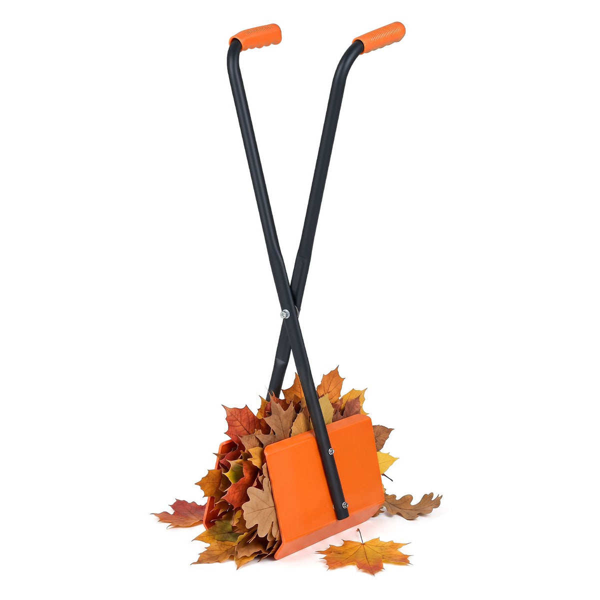 The orange grabber holds a cluster of dry leaves above a few scattered leaves on a white background.