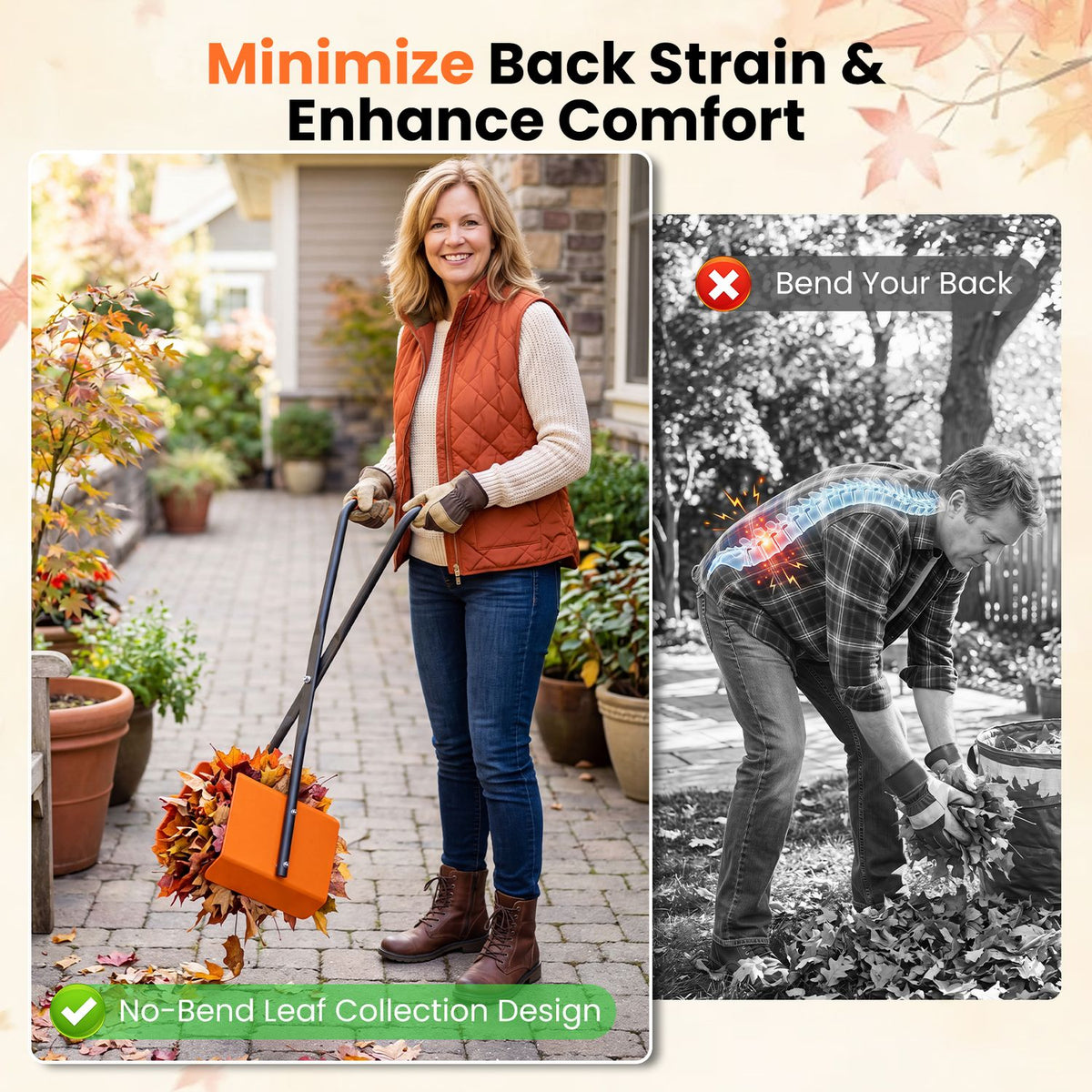 Woman uses an orange leaf grabber while standing upright beside a grayscale image of someone bending to collect leaves.
