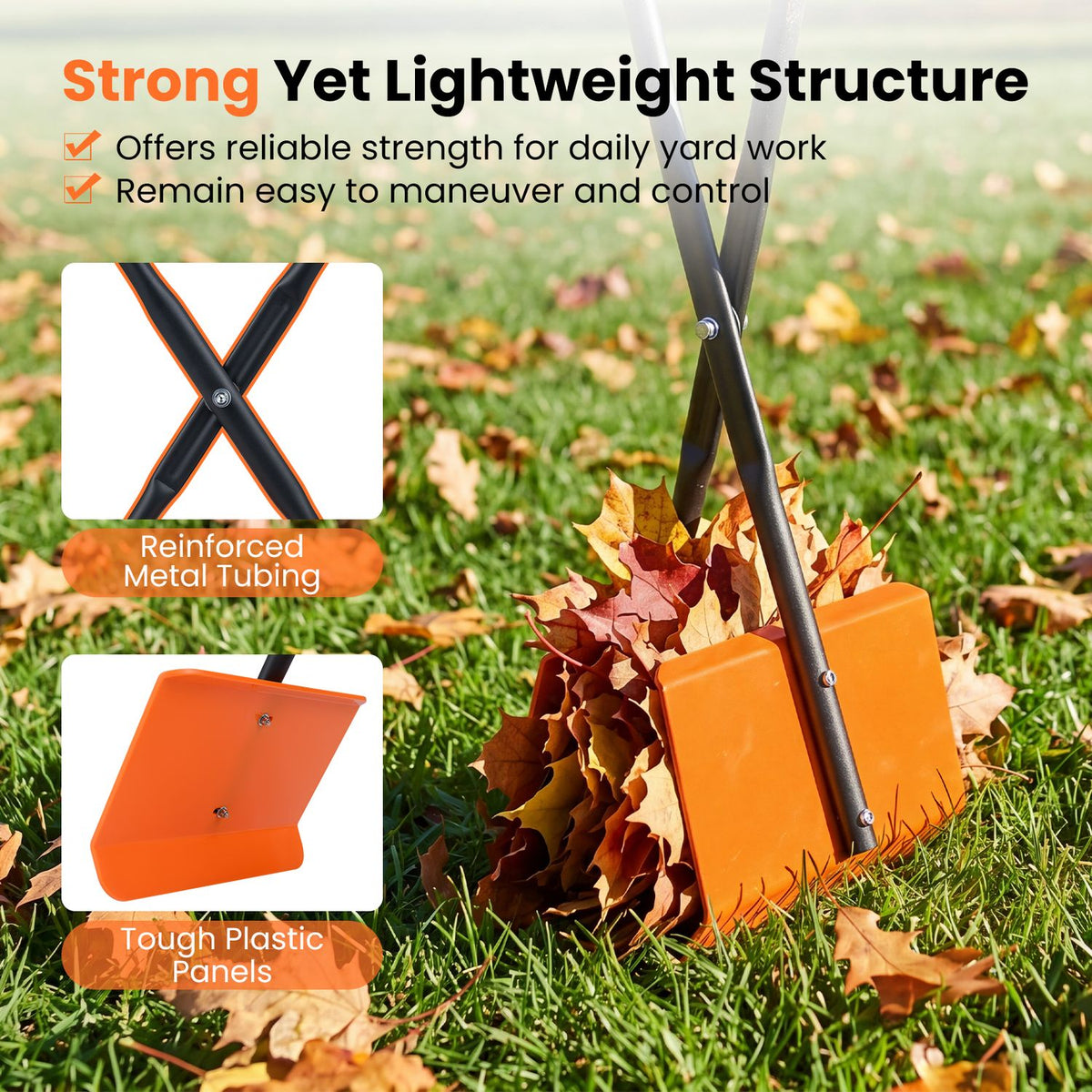 Orange leaf grabber clamps a pile of leaves on grass, with close-ups of its crossed metal handles and plastic panels.
