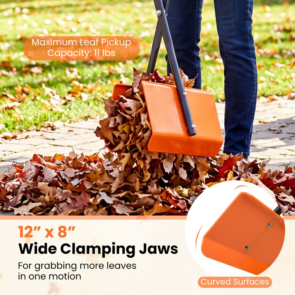 Orange grabber lifts leaves beside a person's legs, with an inset showing its curved clamping jaw.