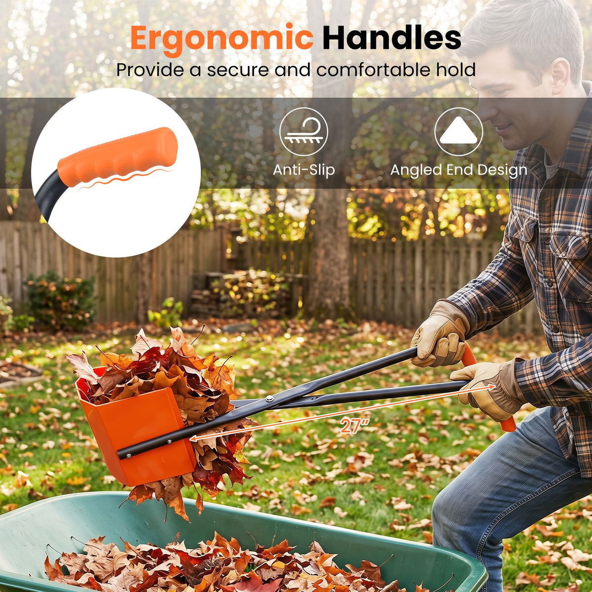 Seated man uses the long-handled grabber to move leaves into a garden tub, with an inset of the orange grip.
