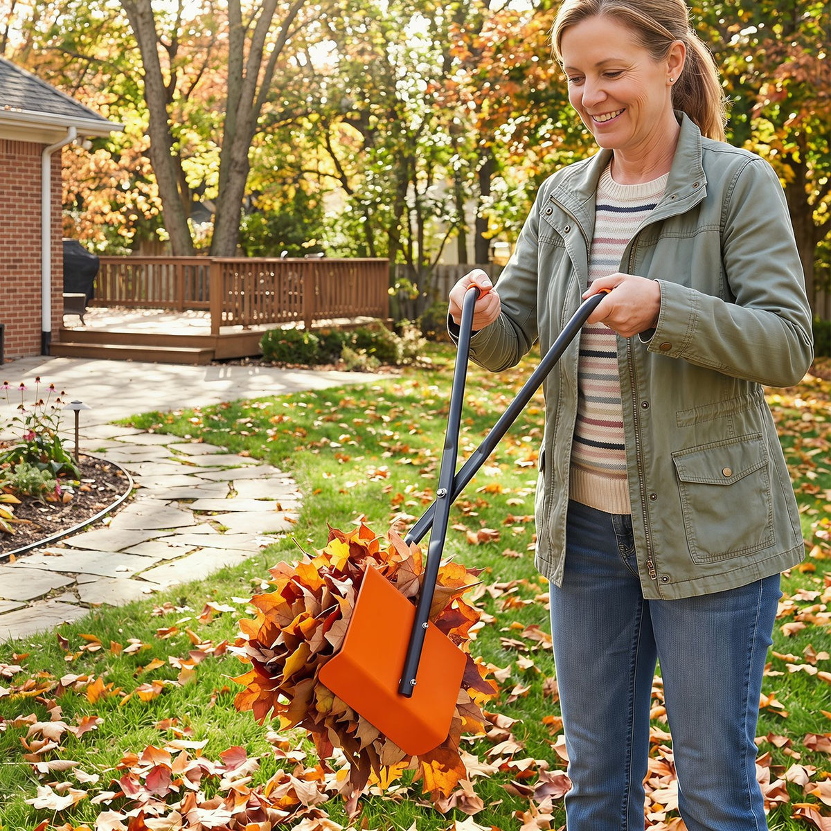 A woman uses the orange leaf grabber to lift a pile of autumn leaves from a lawn.