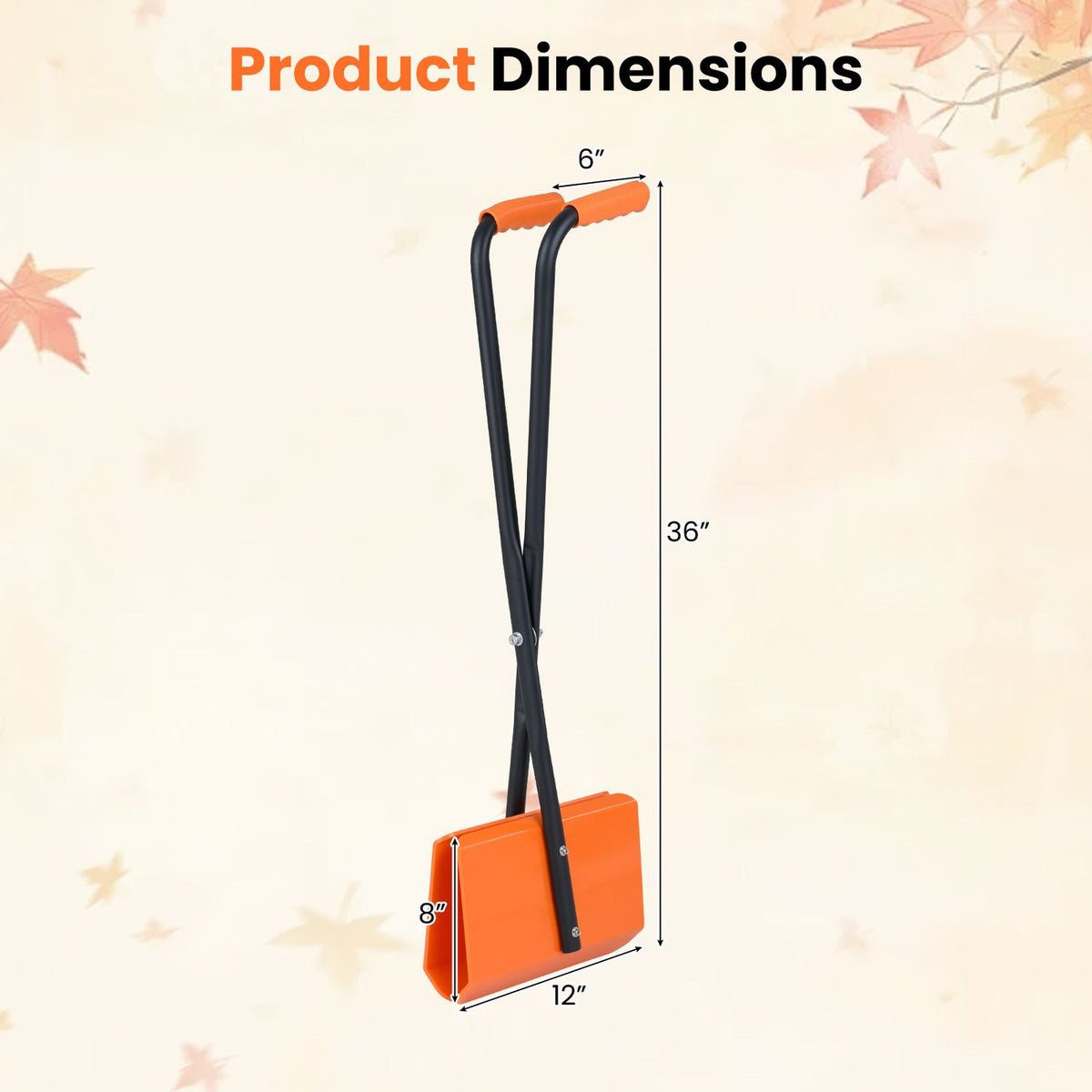 The upright leaf grabber is shown with measurement lines against a pale background with leaf motifs.