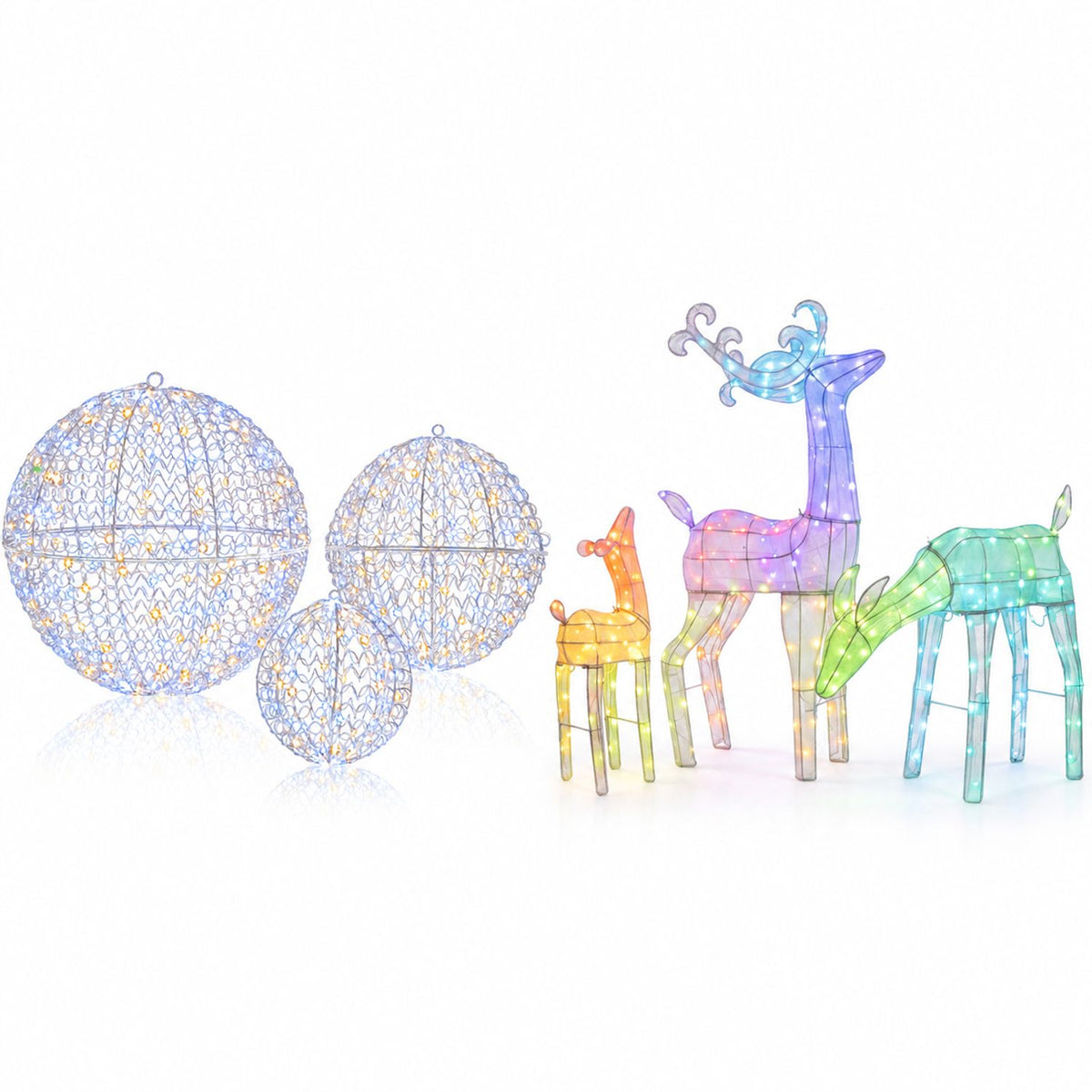 Three illuminated wire-frame balls beside a standing deer, a fawn, and a grazing deer on white.