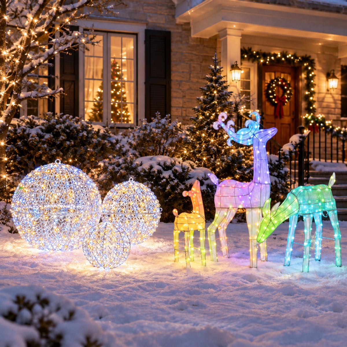 Glowing wire-frame balls and three colorful deer illuminate a snowy yard outside a decorated home.