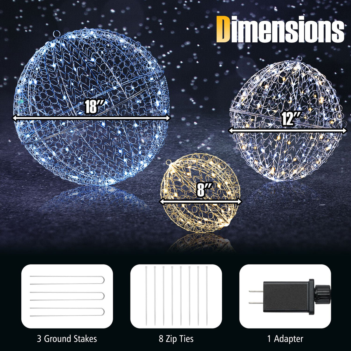 Three glowing wire-frame balls are shown at different sizes, with stakes, ties, and an adapter pictured below.