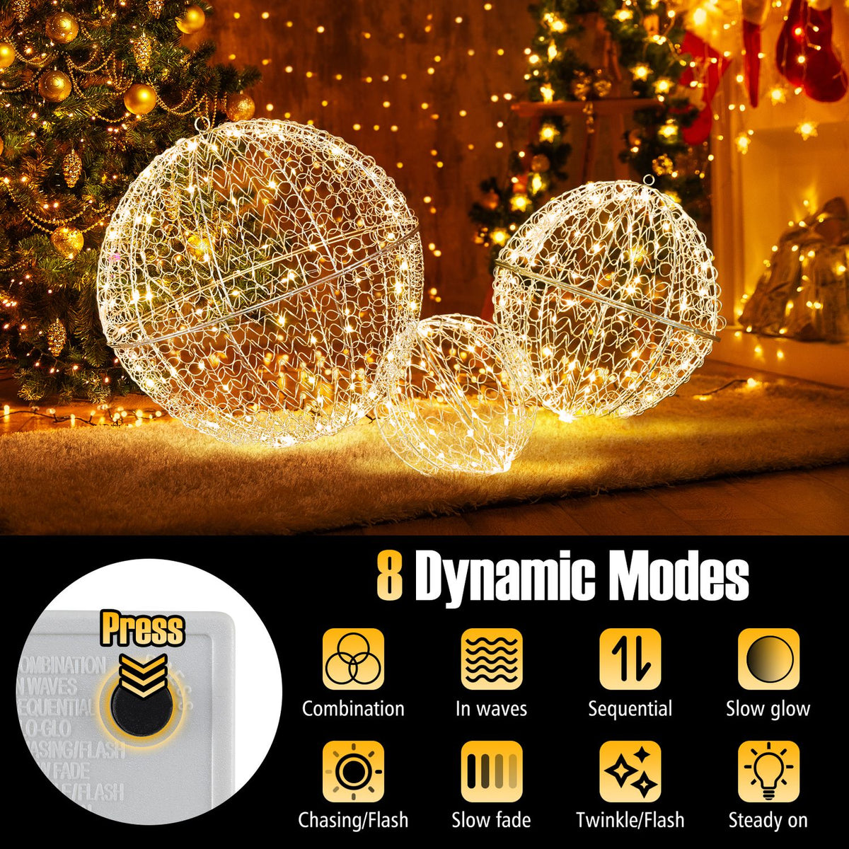Three glowing wire-frame Christmas balls sit on a rug beside a lit tree, with a controller and mode icons below.