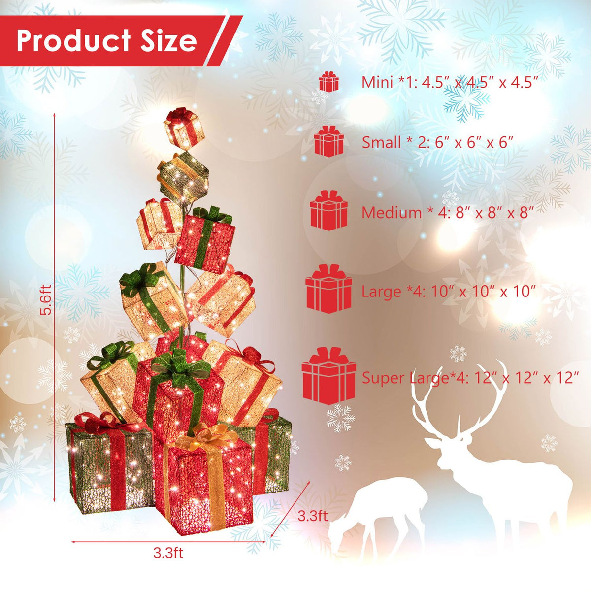 A tiered display of glowing gift boxes shown with measurement arrows and size illustrations.