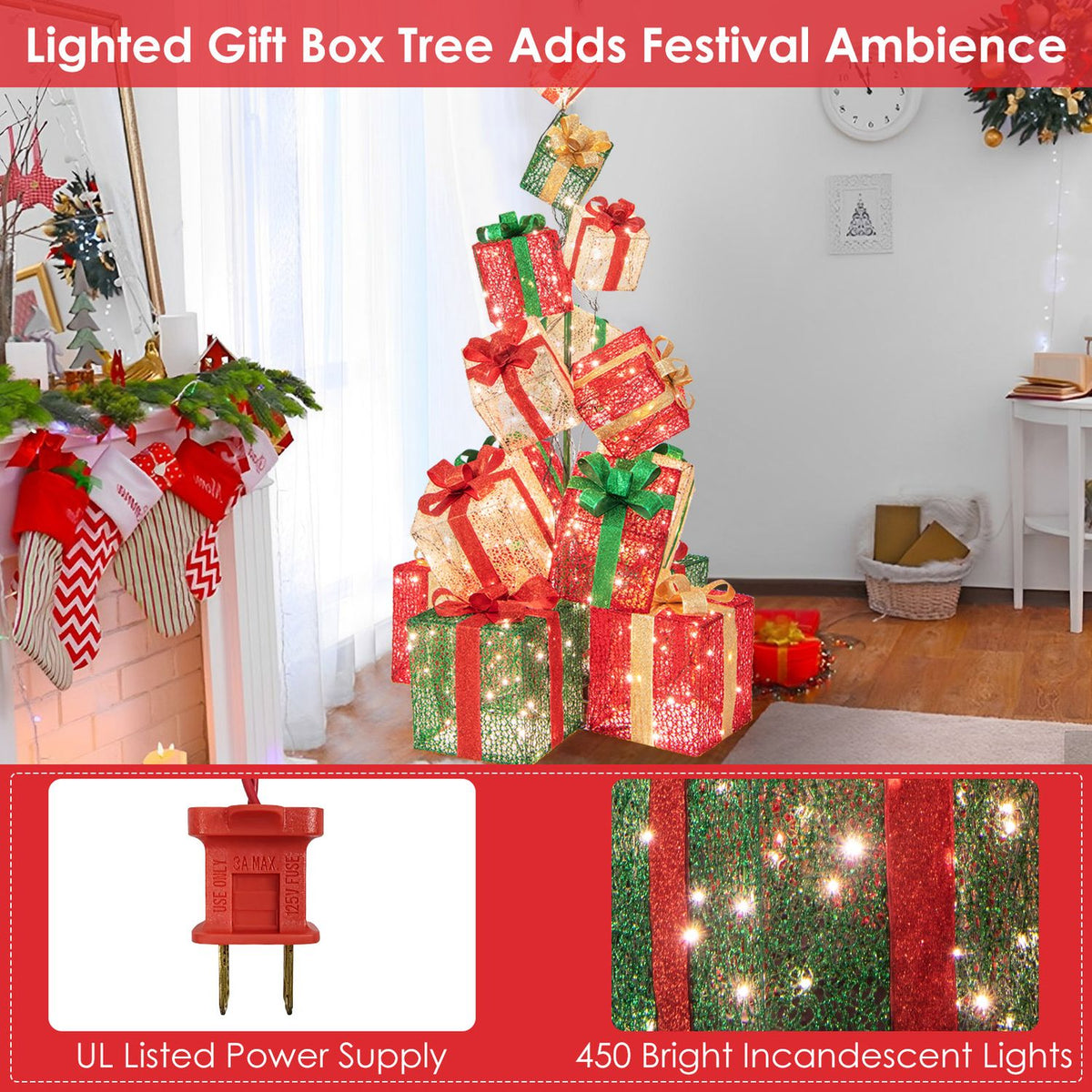Glowing red, green, and gold gift boxes stacked like a tree beside a fireplace, with close-ups of lights and plug.