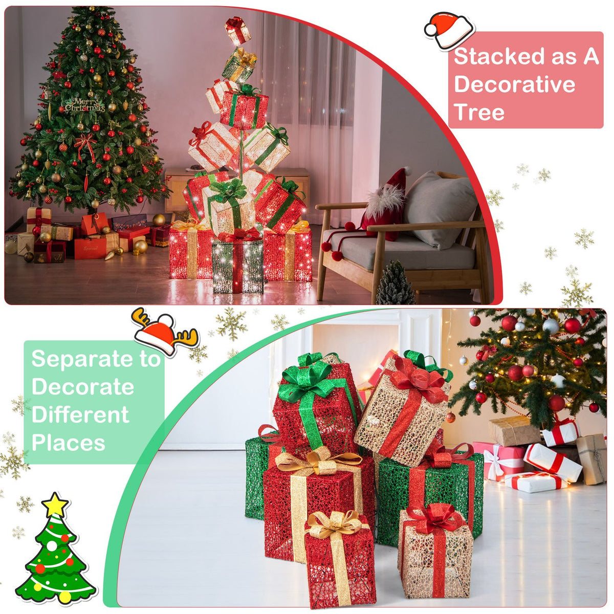 Lighted gift boxes stacked as a tree in a living room and arranged separately beside a Christmas tree.