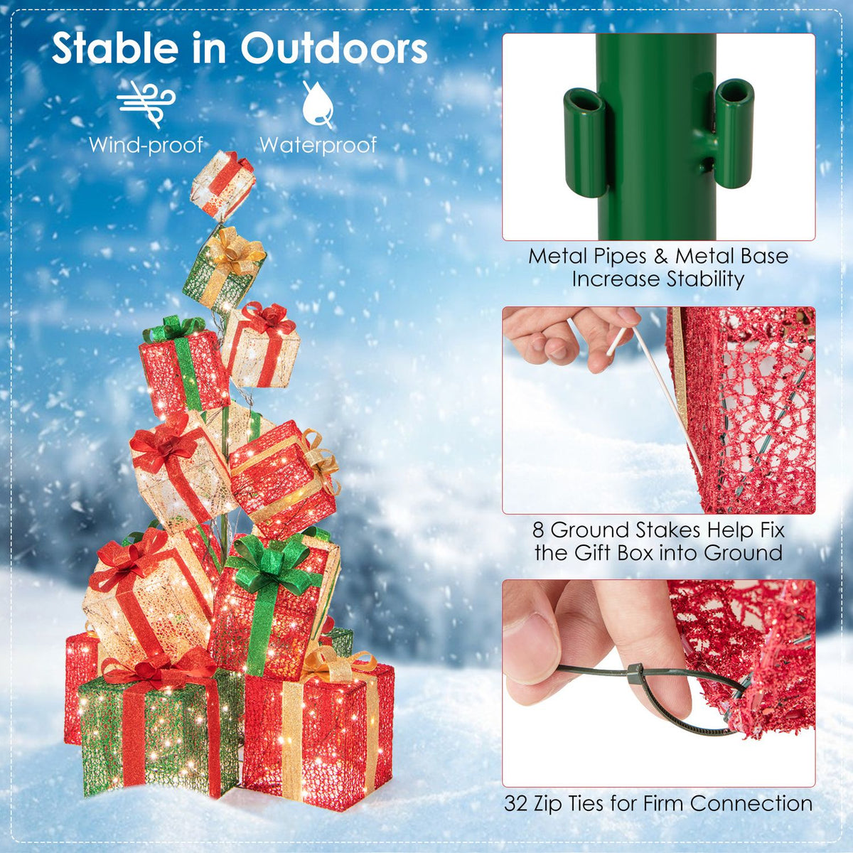 Illuminated gift-box tree outdoors, alongside close-ups of its support pipes, ground stakes, and ties.