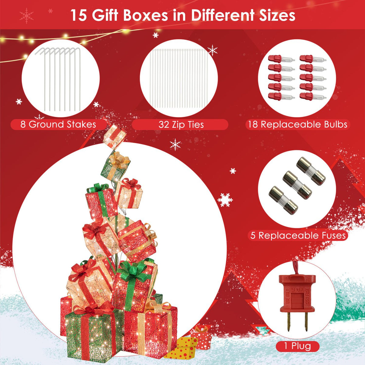 Lighted gift-box tree pictured with ground stakes, ties, replacement bulbs and fuses, and a plug.
