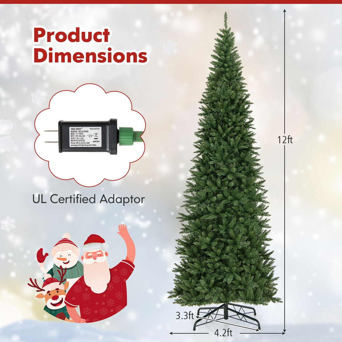 An artificial Christmas tree shown with arrows indicating its height and base measurements.