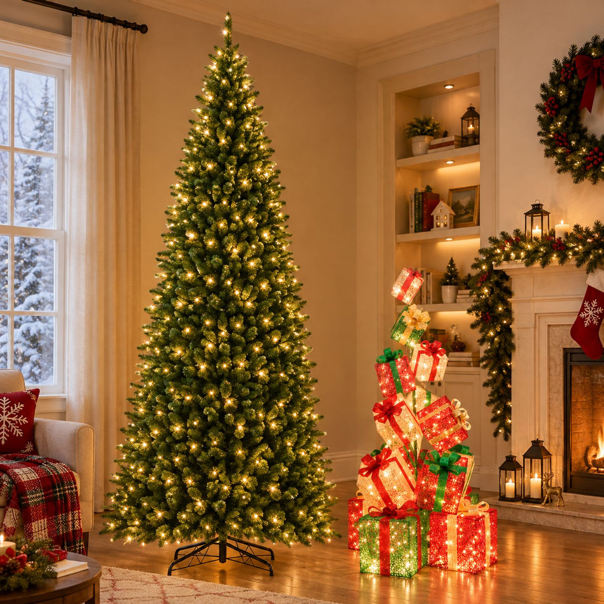 A lit artificial Christmas tree and glowing gift boxes stand in a warmly decorated living room.