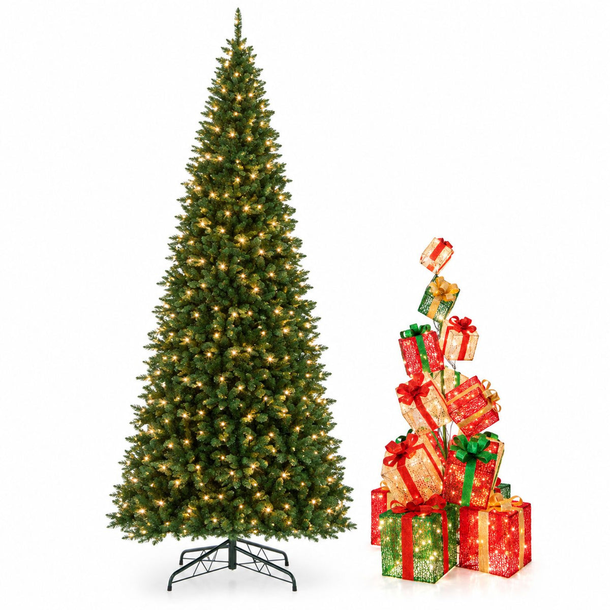 An illuminated artificial Christmas tree and a colorful stack of lighted gift boxes on a white background.